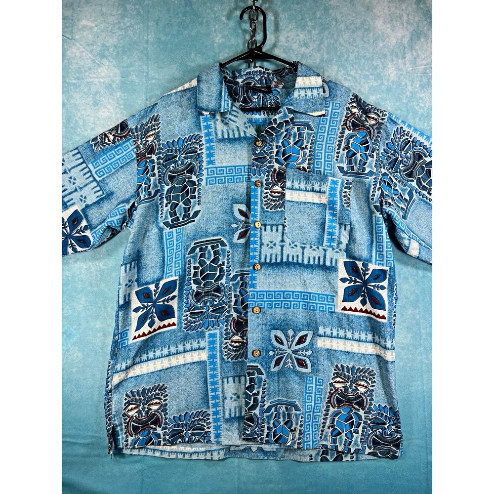 Vintage VTG Anchor Blue Men's XL Blue Hawaiian Tiki Print Button-Up w/ Pockets